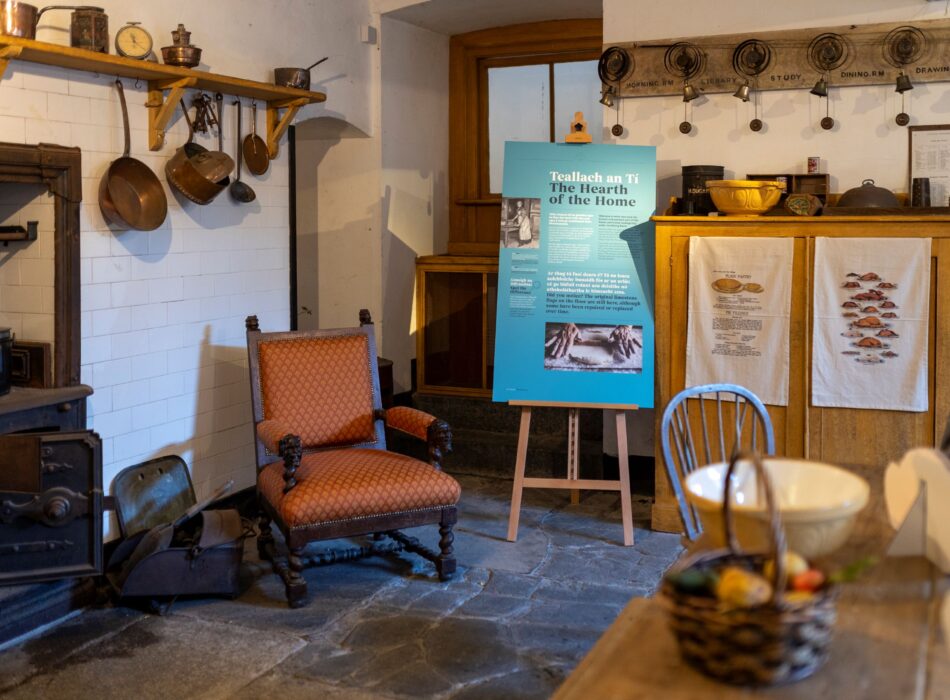 Historic kitchen interior at Ardgillan Castle with period furnishings and interpretive display