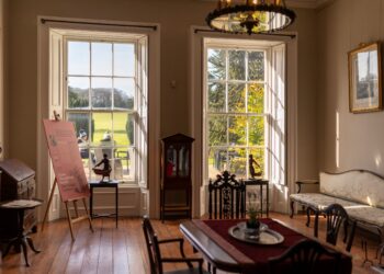 Historic drawing room interior at Ardgillan Castle with period furniture and garden views