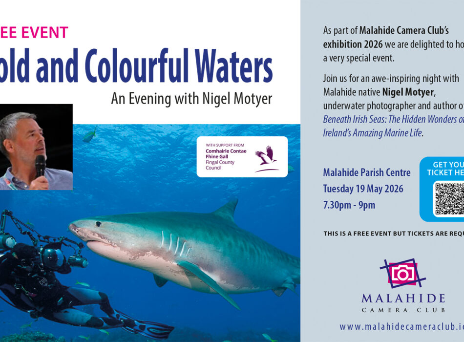 Poster for a free event titled “Cold and Colourful Waters – An Evening with Nigel Motyer,” featuring underwater photography of a diver beside a shark, with event details for Malahide Parish Centre and Malahide Camera Club branding.