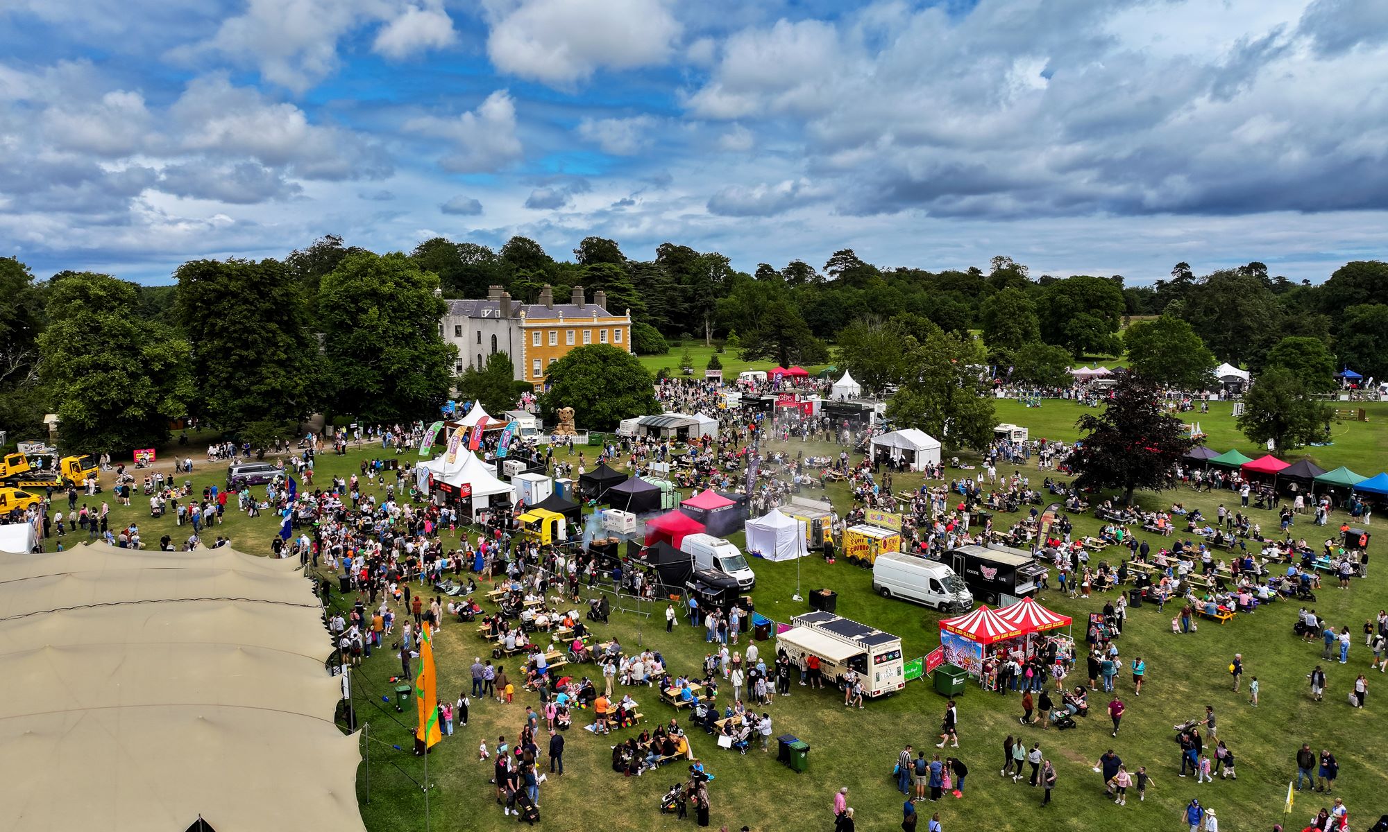 Aerial view of Flavours of Fingal festival with Newbridge House and Farm in the backdrop.
