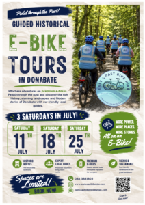 Group of cyclists wearing high-visibility vests and helmets ride e-bikes along a woodland trail in Donabate during a guided historical tour. The promotional poster highlights East Coast Bike Hire's summer e-bike tours, combining local history, scenic landscapes, and sustainable outdoor exploration.
