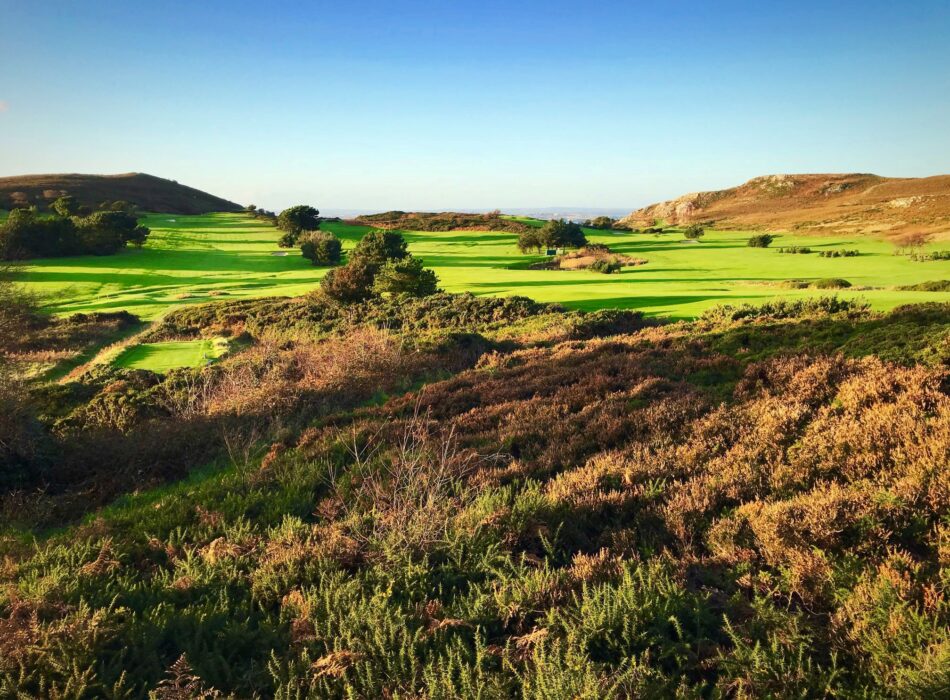 A vibrant and sunny landscape of a links golf course embedded in rugged terrain with wild low-growing heather covers the rocky hillsides.