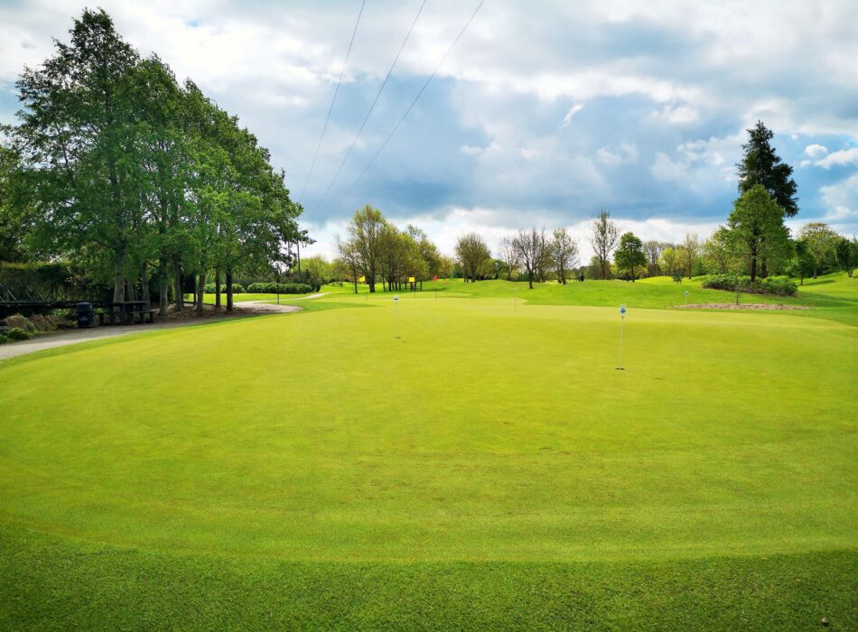 A wide view of a parkland course under cloudy blue skies.