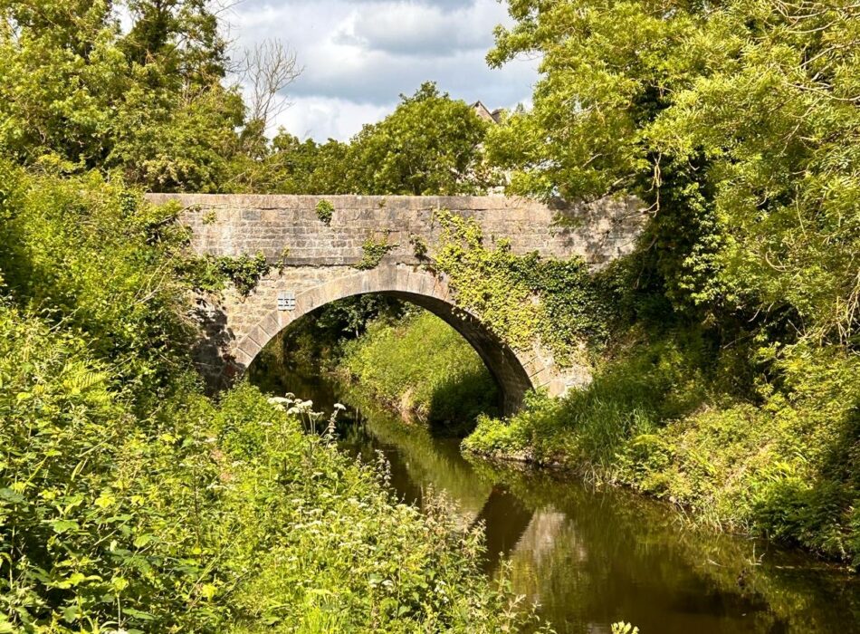 An old stone arch bridge over a calm canal. Lush green trees, bushes and wild vegitation cover the banks of the waterway.