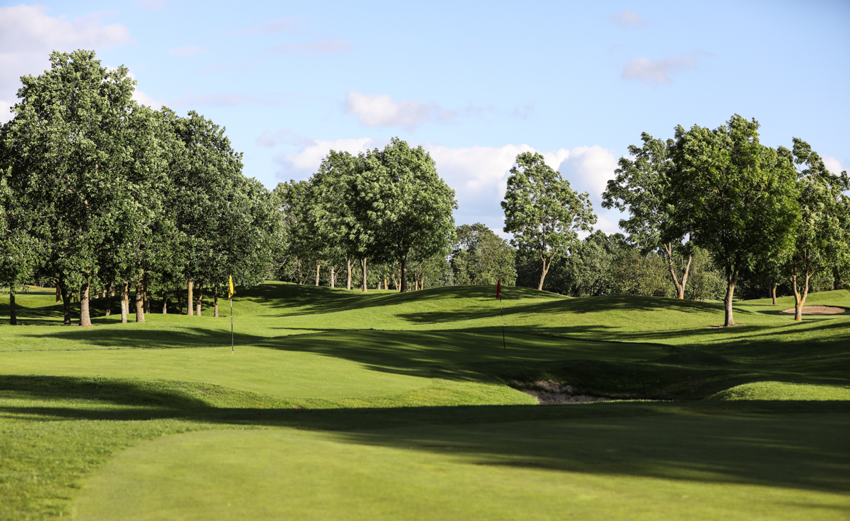 A vibrant, green golf course under a partly cloudy blue sky, featuring freshly manicured rolling greens and a small sand bunker.