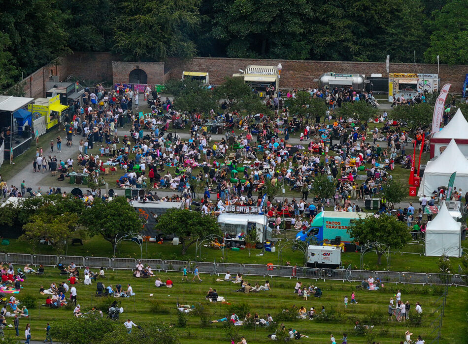 Drone shot of large crowds gathered in the walled garden at Flavours of Fingal.