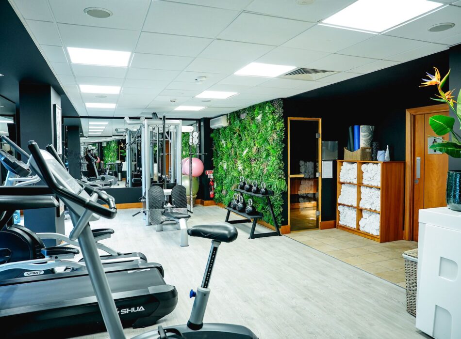 A well-lit indoor gym with light wood-style flooring and square ceiling panels. In the foreground sit a SHUA brand treadmill and a stationary exercise bike. The background reveals a weight training area with a cable crossover machine, stability balls, and an array of kettlebells on a black metal rack. A distinctive wall covered in lush green artificial foliage anchors the center, adjacent to a wooden shelving unit stocked with clean white towels and yoga mats.