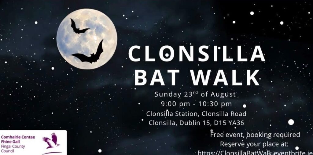 Promotional graphic for the Clonsilla Bat Walk, featuring bats silhouetted against a full moon and details of the free evening event in Clonsilla on Sunday 23 August.