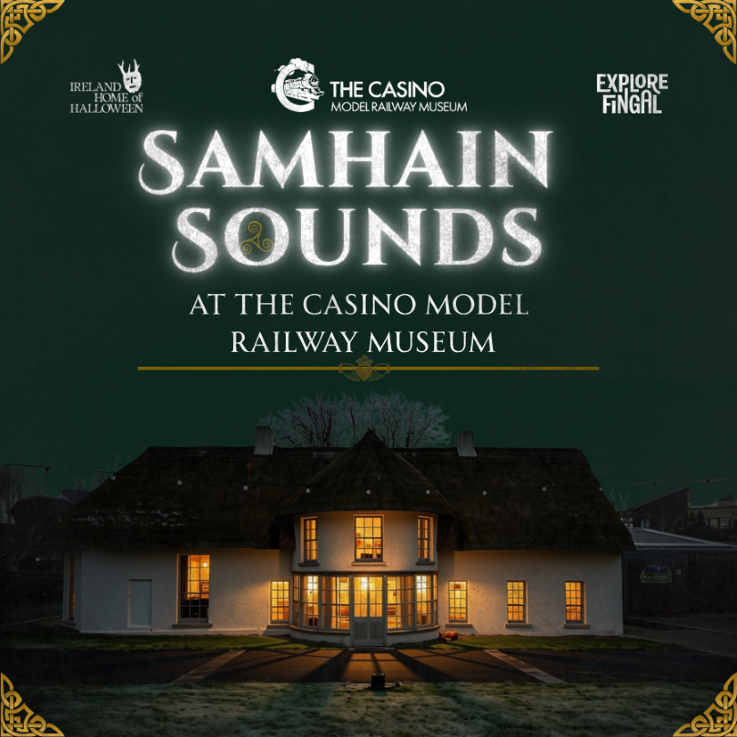 Promotional poster for "Samhain Sounds" event at The Casino Model Railway Museum, showing a glowing thatched-roof cottage at night.