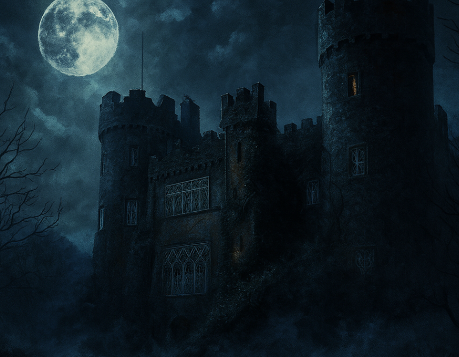 Atmospheric night-time image of Malahide Castle beneath a full moon, surrounded by dark clouds and bare branches, creating a dramatic and mysterious Halloween setting.