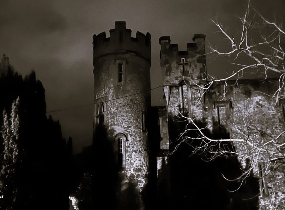 A sepia-toned night photograph of a historic stone castle featuring a round tower and crenellated battlements, starkly lit from below. Bare, branch-like details cut across the right side of the frame against a dark, dramatic overcast sky.