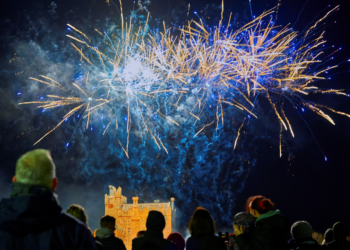 A crowd of people watch blue and yellow fireworks explode spectacularly over a bright lit castle. Only the back of the crowds heads can be seen.