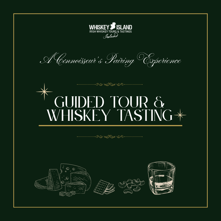 A square promotional graphic with a dark green background and a gold border. At the top, the logo reads "Whiskey Island Irish Whiskey Tours & Tastings, Ireland." Below the logo, elegant white script typography reads "A Connoisseur's Pairing Experience." The central text is in large, bold serif typography, reading "Guided Tour & Whiskey Tasting," framed by stylized gold line dividers and four-pointed stars. The bottom features white line illustrations of pairing items: gourmet cheeses, crackers, mixed nuts, and a tumbler glass filled with whiskey.