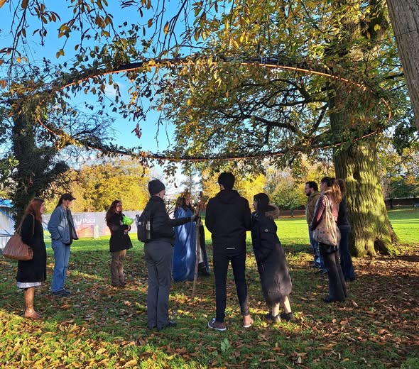 A gathering of about nine people stands in a grassy park filled with autumn leaves. They form a circle beneath a massive tree. A thin, circular hoop woven with leaves is suspended horizontally in the air above the group. One person wears a blue robe, while others are in casual jackets.