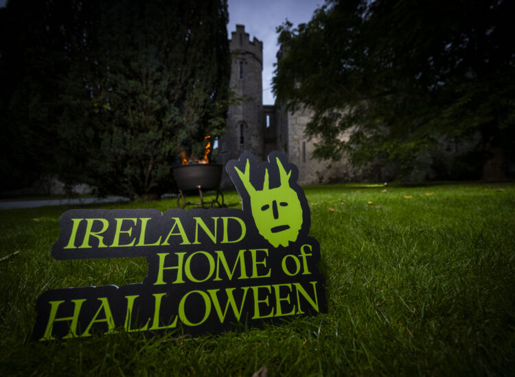 Ireland’s Home of Halloween sign displayed on the lawn in front of a historic castle at dusk, with a glowing fire feature in the background.