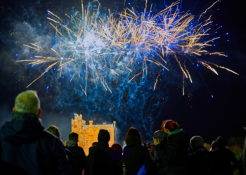 A crowd of people watch blue and yellow fireworks explode spectacularly over a bright lit castle. Only the back of the crowds heads can be seen.